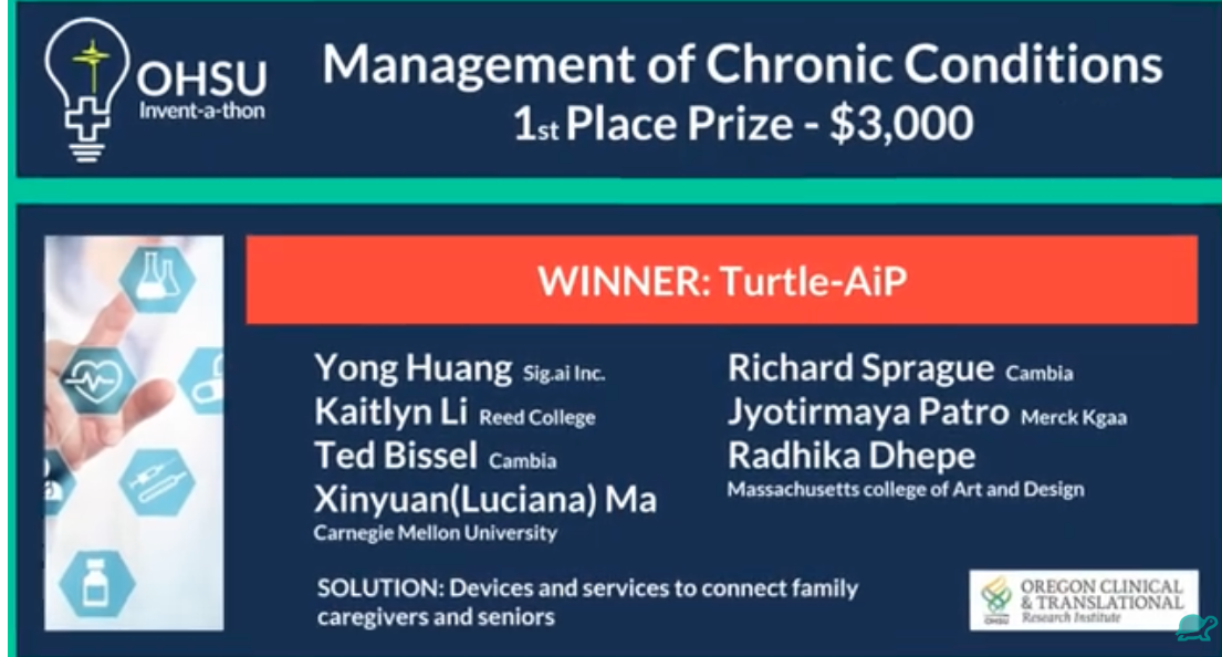OHSU Invent-a-thon award slide naming Turtle-AiP the first-place winner in Management of Chronic Conditions