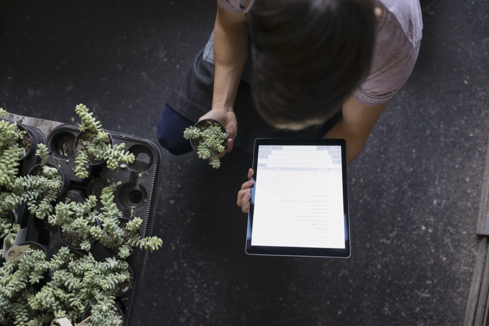 A caregiver using a tablet while working at home